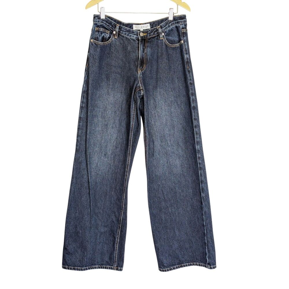 Sky Dolls Dark Blue Low-Mid Rise Jeans Size L Tall Wide Leg Mid Rise Cotton - Picture 2 of 8
